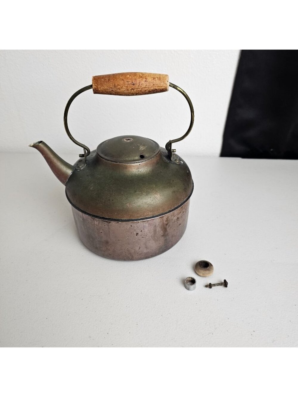 Vintage Copper Teapot Kettle Wood Handle Primitive Rustic Farmhouse Decor Only - Picture 1 of 8